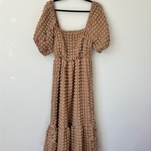 Tan Bubble-Textured Midi Dress